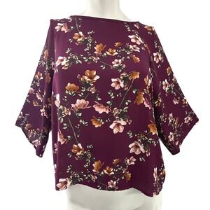 Papermoon Floral Blouse Kimono Sleeve Top Elegant Burgundy Size MP Sheer Light‎
